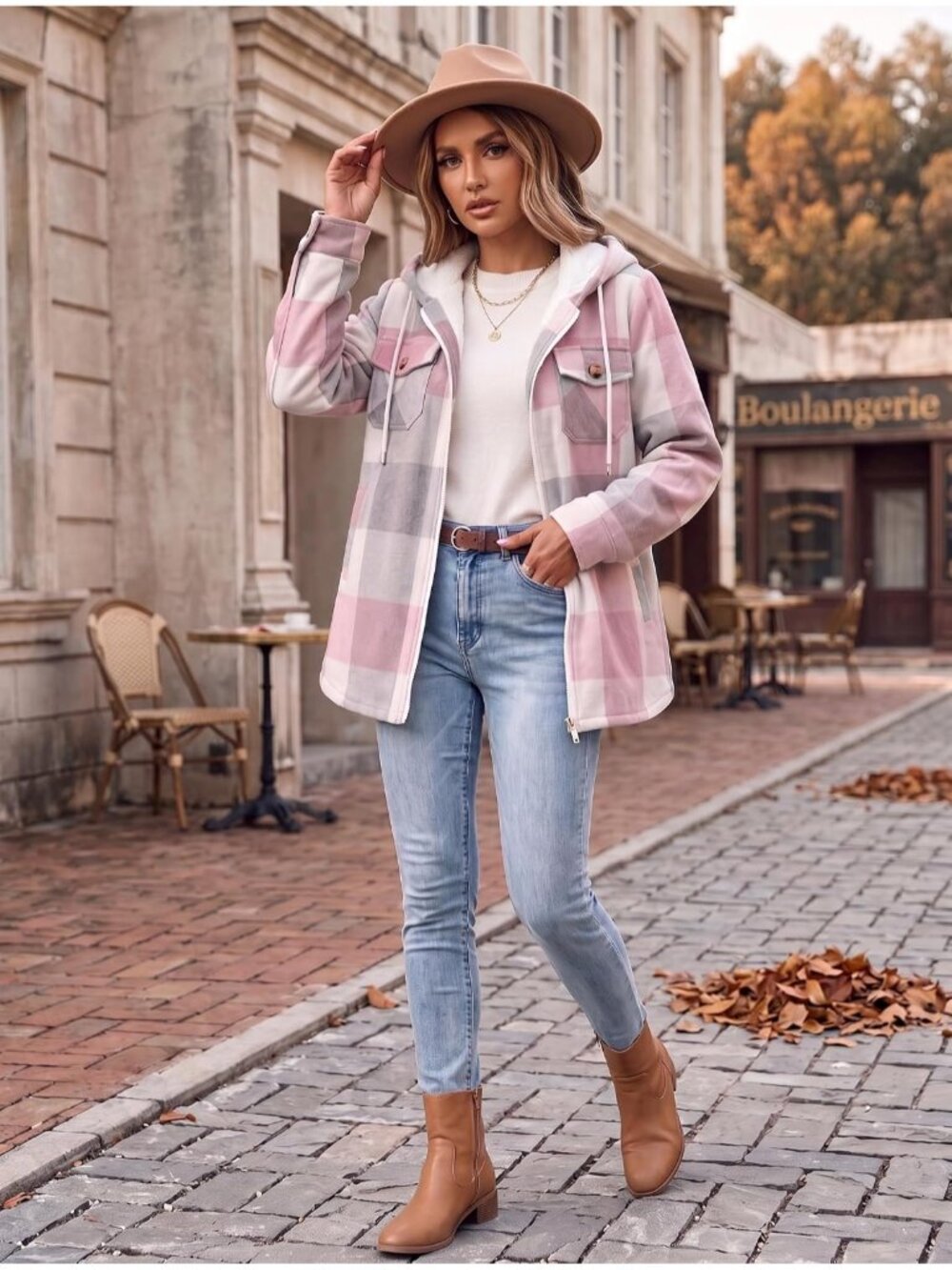 Women's Pink Casual Flannel Jacket Plaid Fleece Lined Shacket Hooded Winter Coat - Picture 6 of 6